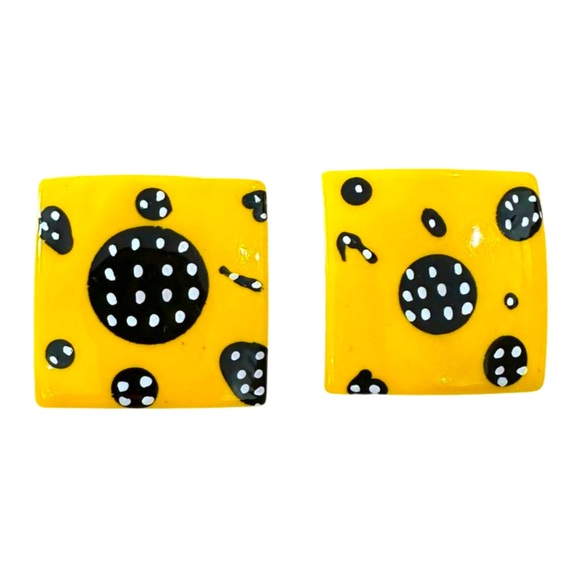 Jewelry - Vintage Yellow Polka Dot Earrings – 1980s Graphic Square Studs Statement Jewelry